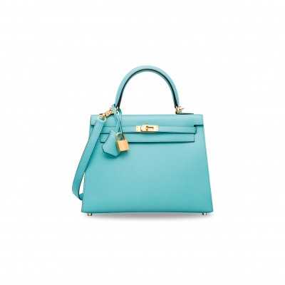 HERMÈS MACARON BLUE KELLY 25 WITH GOLD HARDWARE (25*17*7cm) 